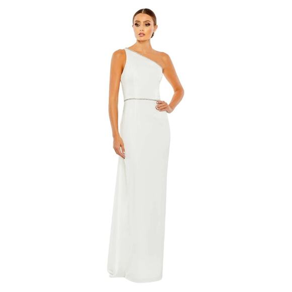 Mac Duggal White Rhinestone Trim One Shoulder Strappy Trumpet Gown Size 12 $398 - Picture 1 of 14